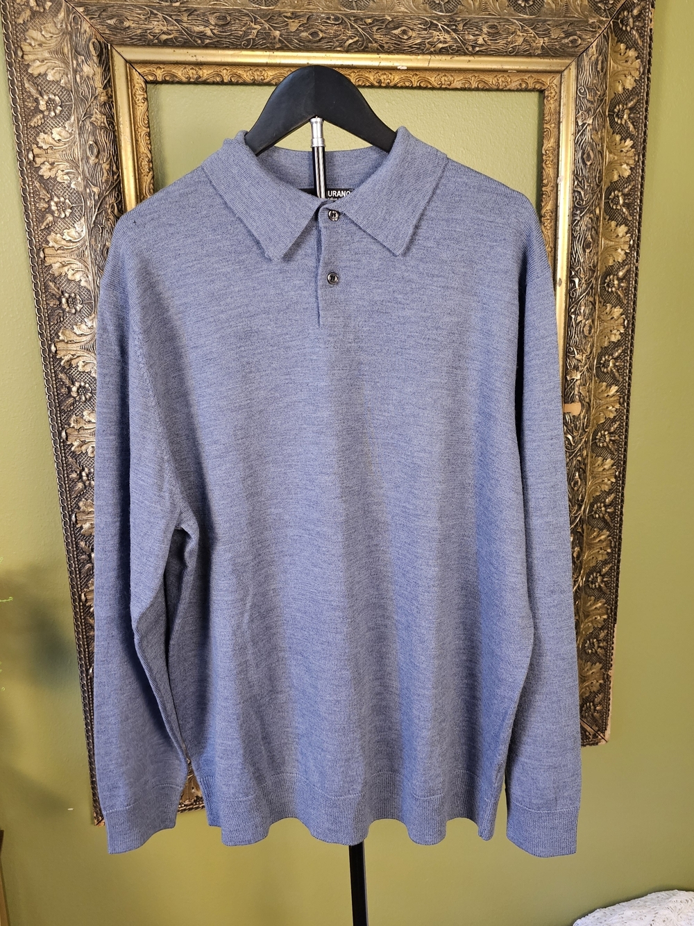 Murano Extra Fine Italian Merino Wool Blue Collared Polo Sweater Men's XL